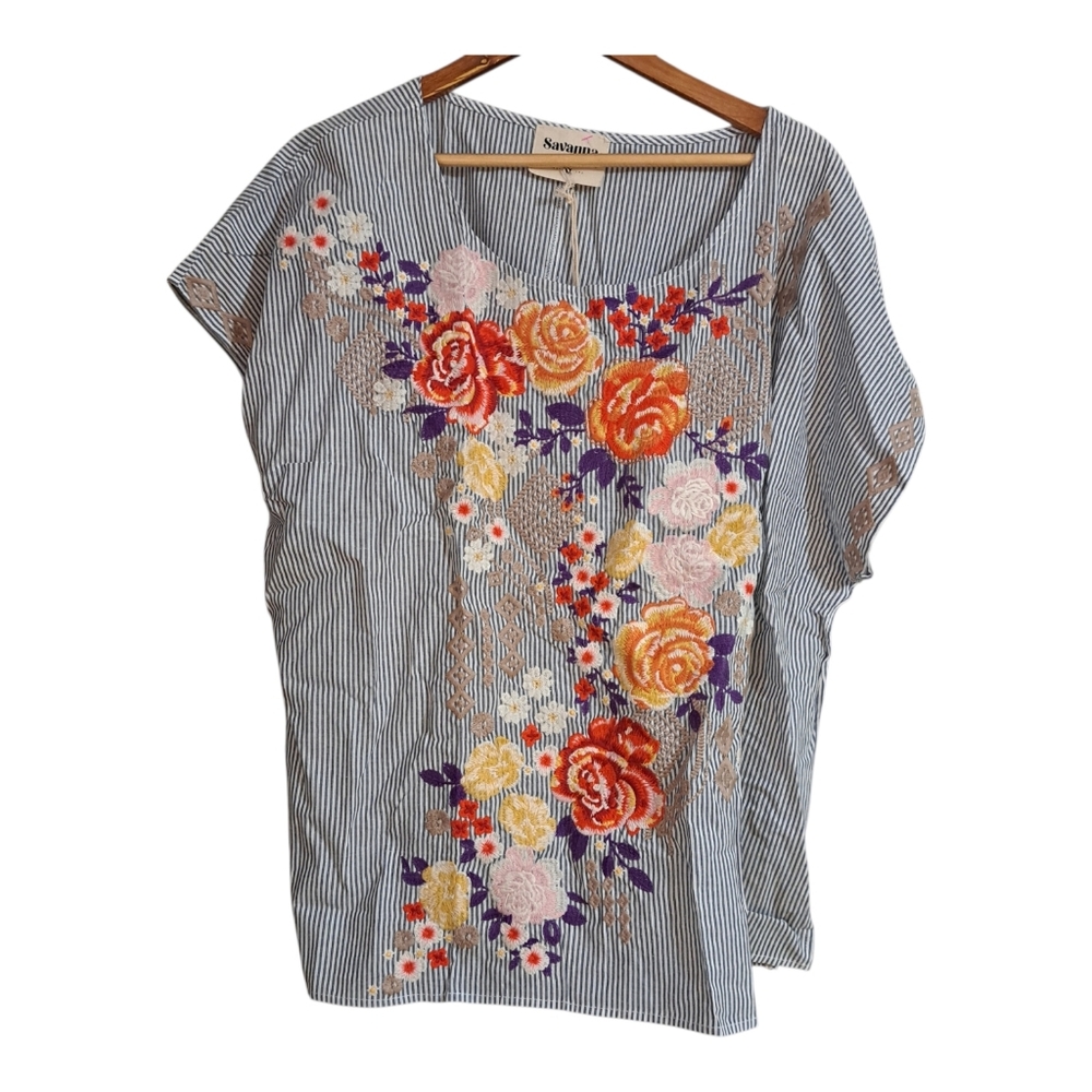 Savanna Jane Embroidered Blouse Top Floral Pinstriped Boho Womens 3X - Picture 2 of 6